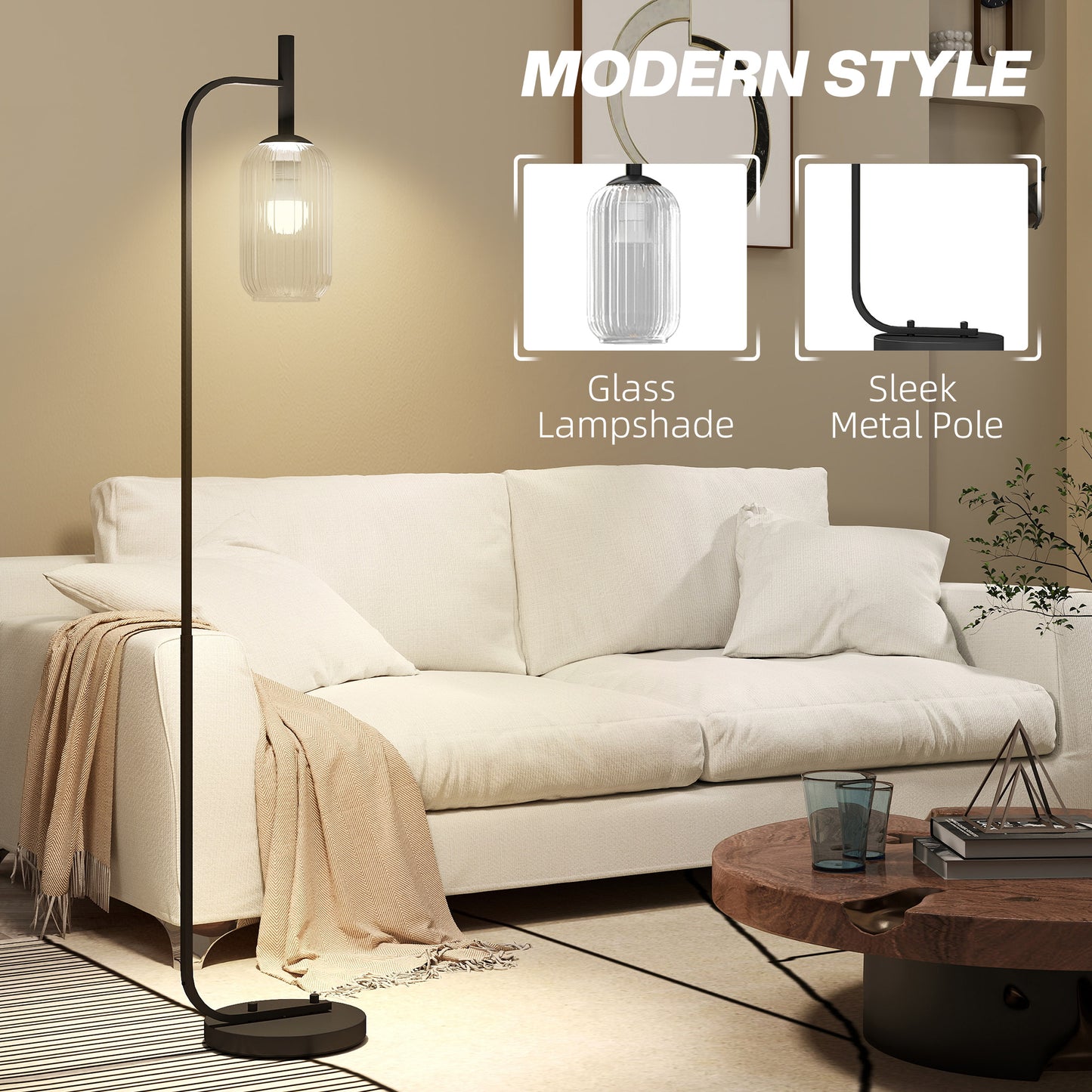 Floor Lamp for Living Room with Glass Lampshade, Modern Standing Lamp with Foot Switch for Bedroom, Bulb not Included, Black