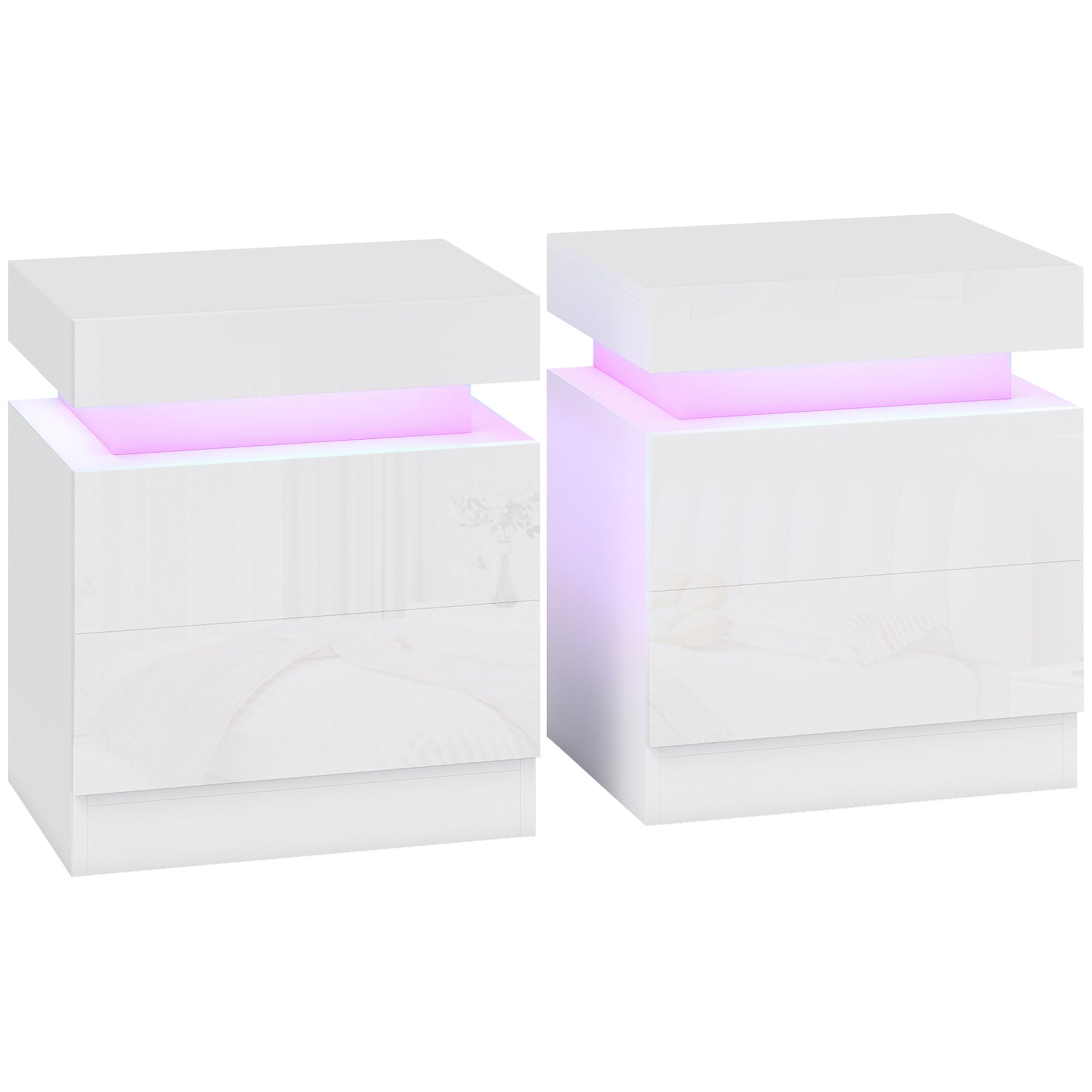 White Bedside Table with LED Light, High Gloss Front Nightstand with 2 Drawers, for Living Room, Bedroom, Set of 2