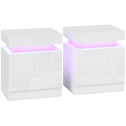 White Bedside Table with LED Light, High Gloss Front Nightstand with 2 Drawers, for Living Room, Bedroom, Set of 2