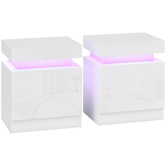 White Bedside Table with LED Light, High Gloss Front Nightstand with 2 Drawers, for Living Room, Bedroom, Set of 2