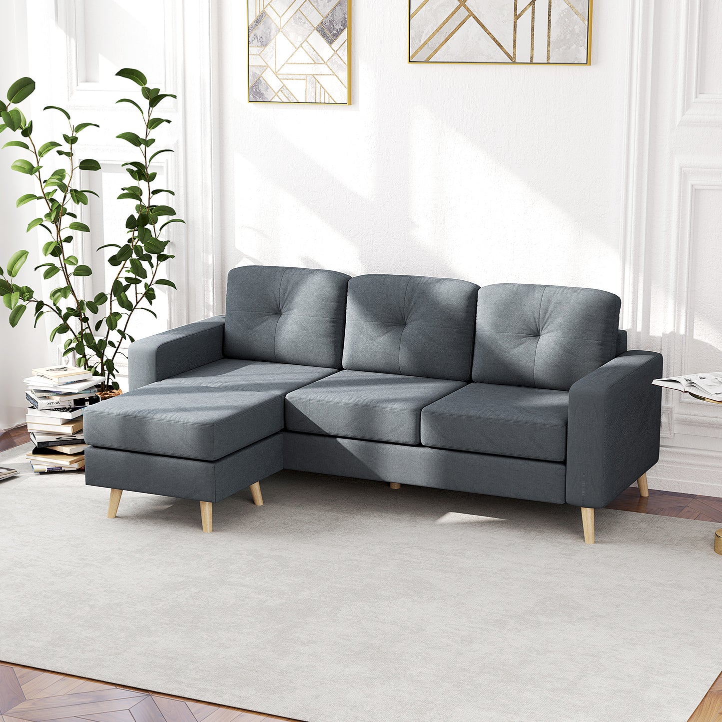 3 Seater Sofa with Footstool, Fabric L-Shaped Sofa, Sectional Couch with Wood Legs, Tufting Cushioned Back for Small Space