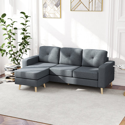 3 Seater Sofa with Footstool, Fabric L-Shaped Sofa, Sectional Couch with Wood Legs, Tufting Cushioned Back for Small Space