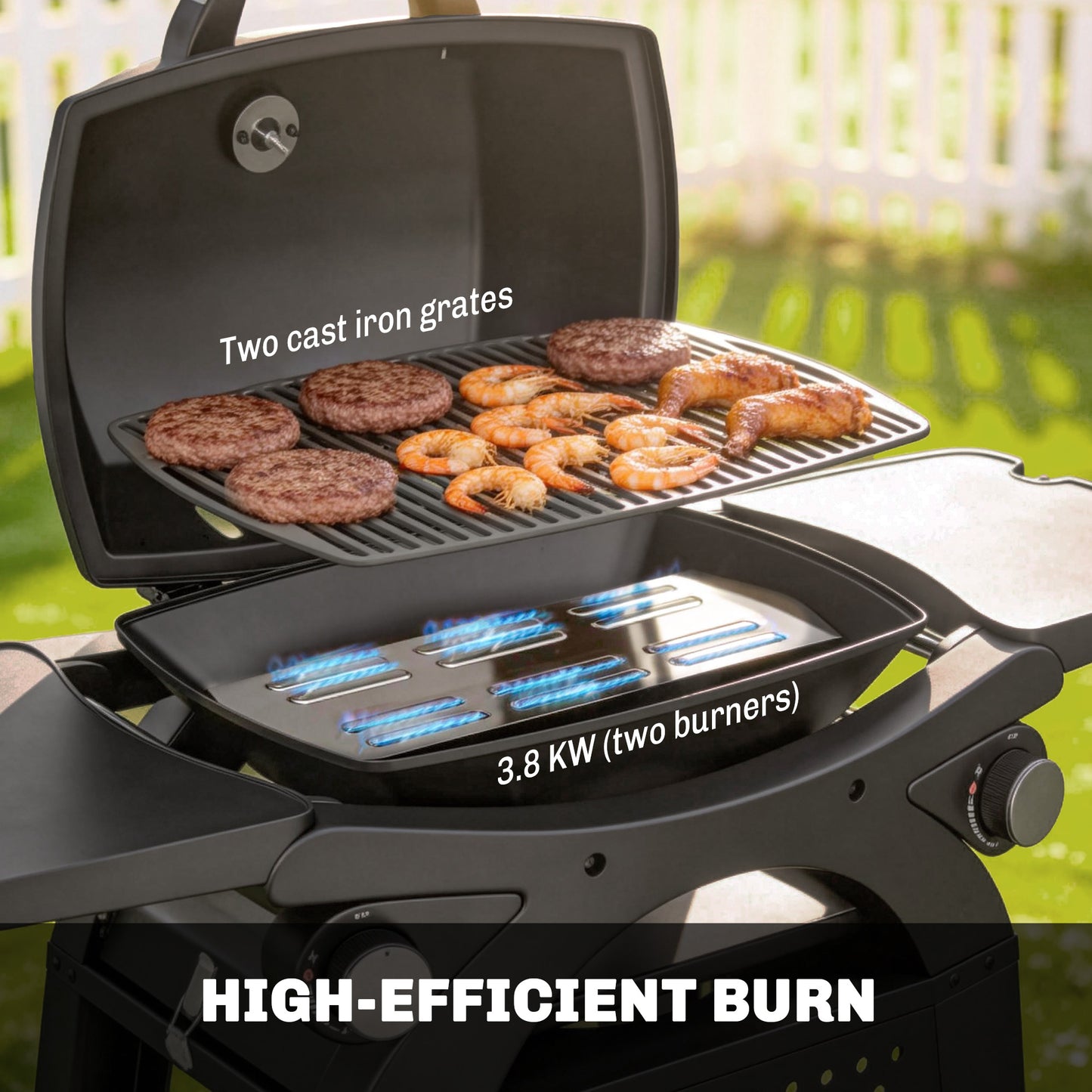 2 Burner Gas Grill with 2 Side Tables, 3.8 KW Barbecue Grill with Cast Iron Grates, 2-in-1 Tabletop BBQ with Wheels