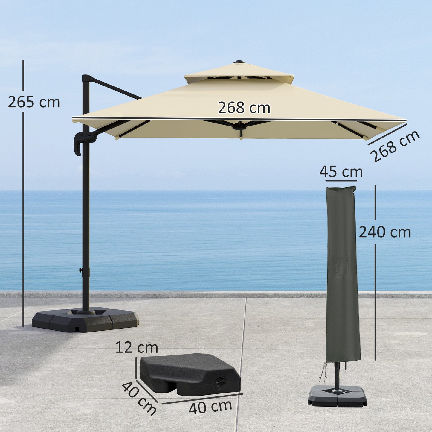 2.7 x 2.7 m Cantilever Parasol with Aluminium Frame, Crank and Tilt, 360-Degree Rotation, Double Top Garden Umbrella
