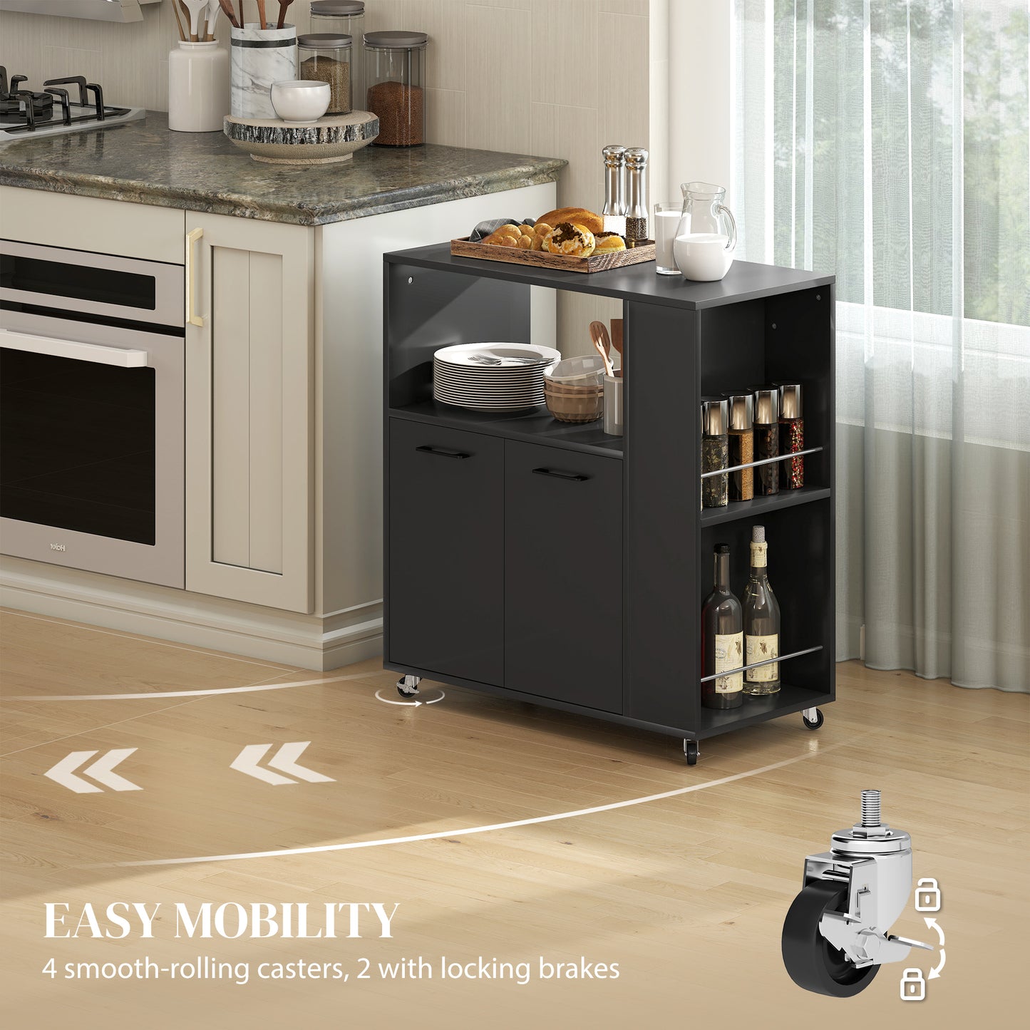 Kitchen Trolley on Wheels, Rolling Kitchen Island Cart with 2-Door Cabinet, Spice Rack and Adjustable Shelf, Black