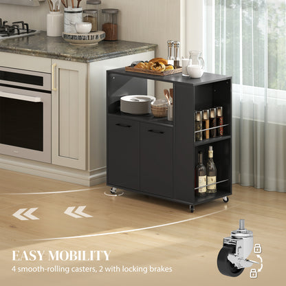 Kitchen Trolley on Wheels, Rolling Kitchen Island Cart with 2-Door Cabinet, Spice Rack and Adjustable Shelf, Black