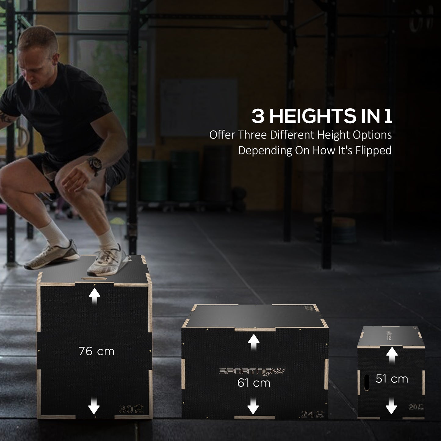 Multi-Faceted Jump Box, Wooden Step Up Box, for Home, Gym, Exercise, 51/61/76cm- Black
