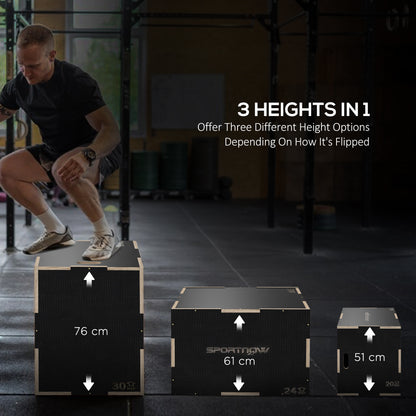 Multi-Faceted Jump Box, Wooden Step Up Box, for Home, Gym, Exercise, 51/61/76cm- Black