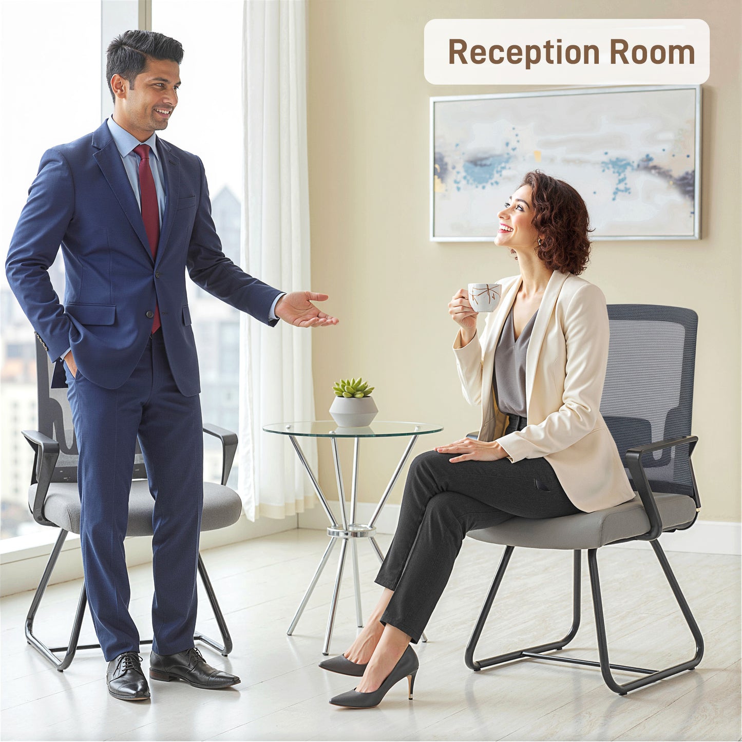 Desk Chair No Wheels, Office Chair with Mesh Back, Lumbar Support, Metal Base for Waiting Room, Conference Room, Dark Grey