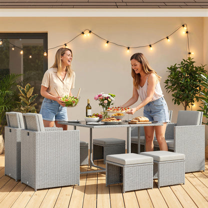 9 Piece Rattan Cube Garden Furniture Dining Set with Armchairs, Footstools and Glass-Top Table, Light Grey