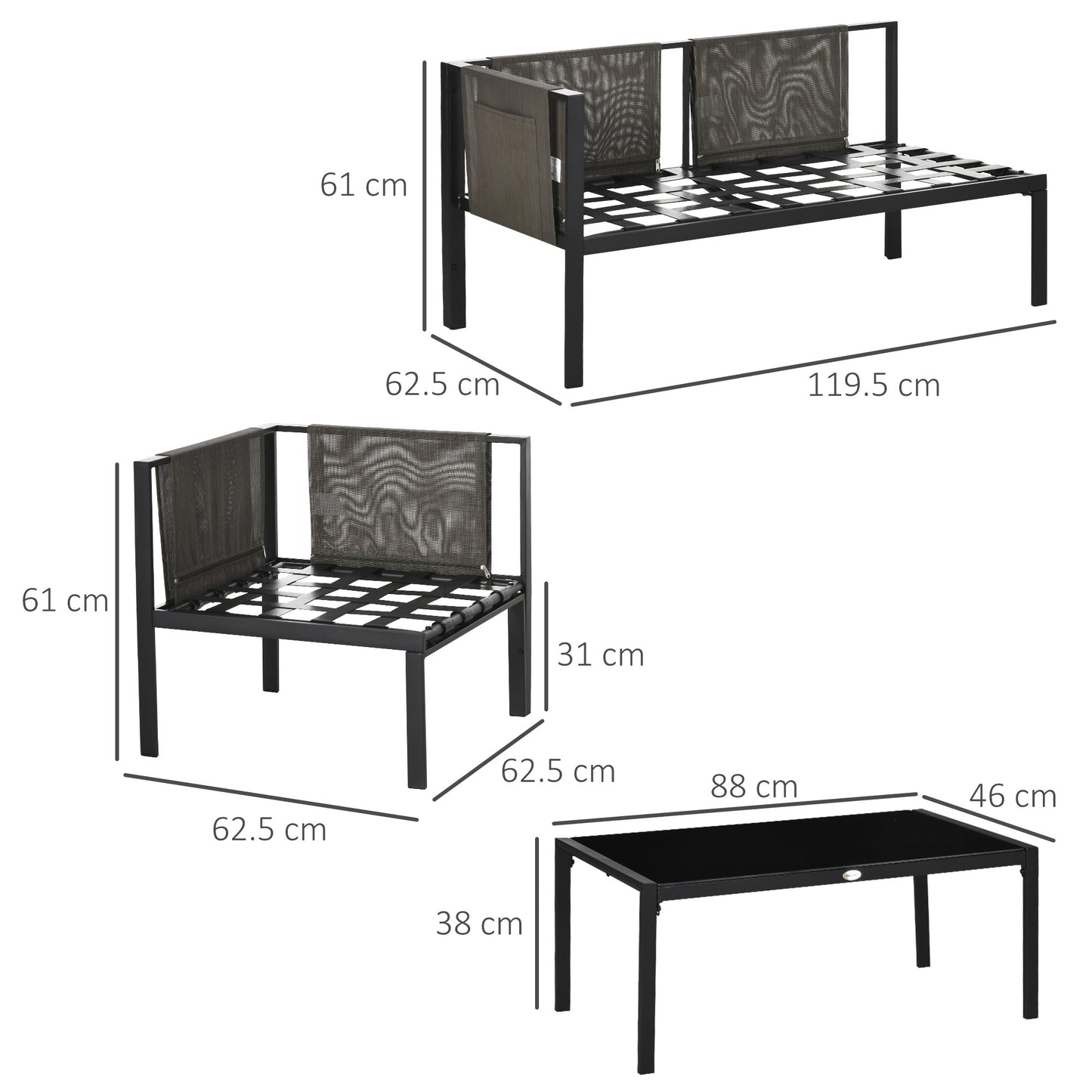 5 Seater Garden Corner Sofa Set, 4 Pieces Metal Garden Furniture Set with Loveseats, Glass Top Coffee Table