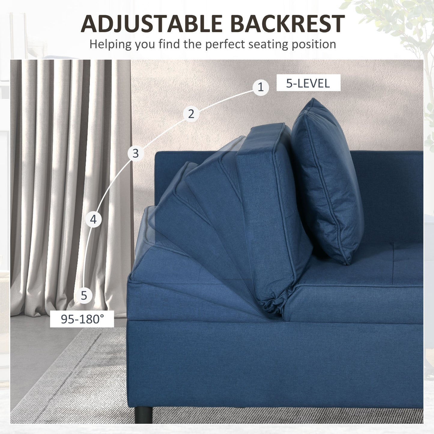 3-In-1 Single Sofa Bed with Thick Padded Seat & 5-position Adjustable Back for Living Room, Bedroom, Blue