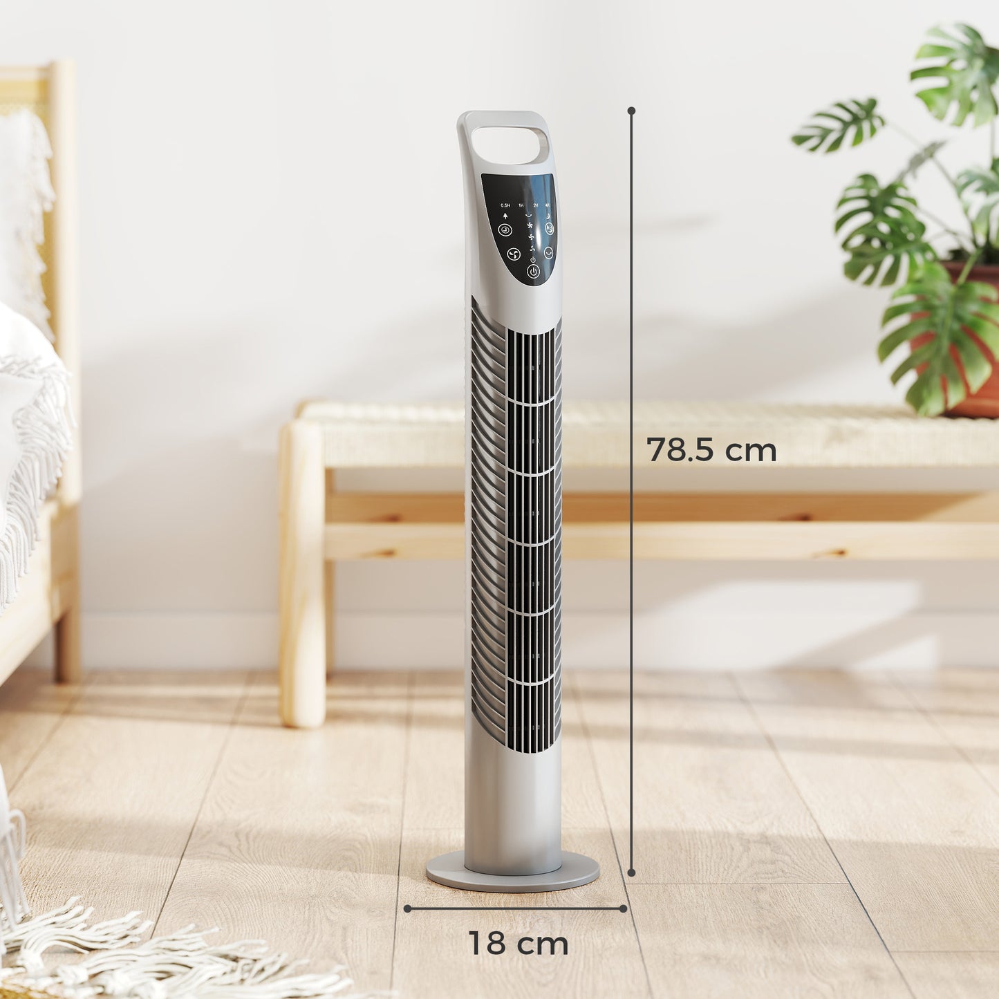 Tower Fan Oscillating 3 Speeds 3 Winds 40W w/ RC Timer Quiet - Grey