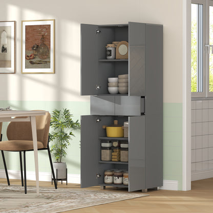 Storage Cabinet, Kitchen Cupboard with 3 Adjustable Shelves, 60L x 35W x 170H cm, High Gloss Grey