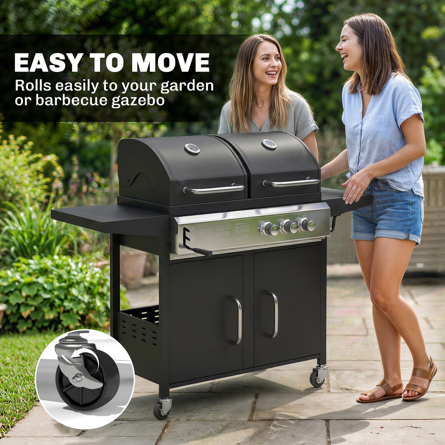 2+1 Burner Hybrid Dual Fuel BBQ Gas Grill, 2-in-1 Propane & Charcoal Barbecue Grill Smoker Combo with Wheels, Black