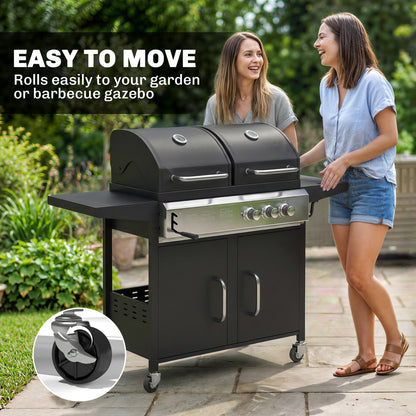 2+1 Burner Hybrid Dual Fuel BBQ Gas Grill, 2-in-1 Propane & Charcoal Barbecue Grill Smoker Combo with Wheels, Black
