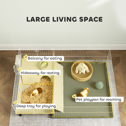 Small Animal Cage with Removable Pet Playpen, Guinea Pig Cage with Waterproof Pad, Hay Feeder, 108 x 71 x 57cm, Beige