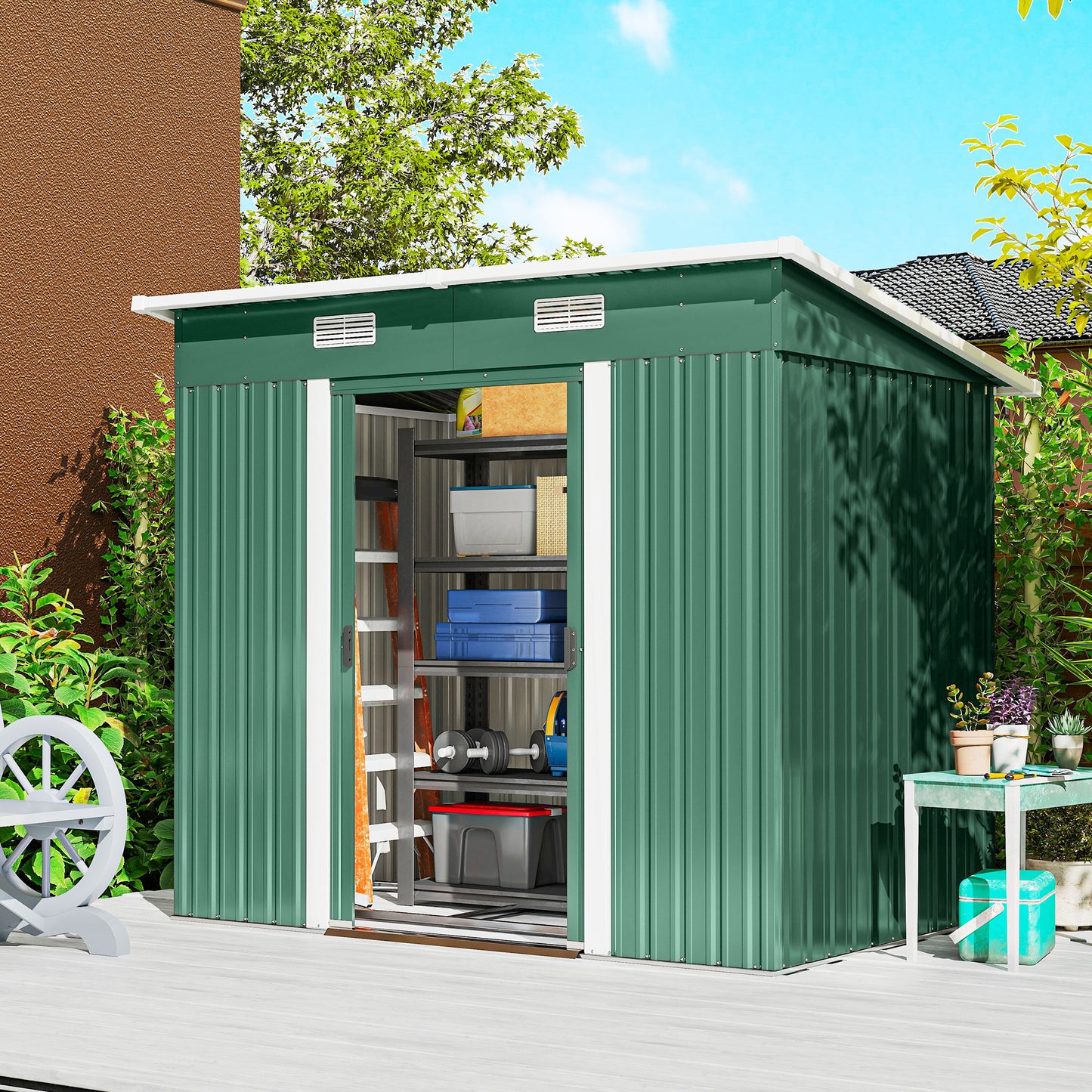 7 x 4ft Outdoor Storage Shed with Foundation Kit, Lean to Metal Garden Shed for Log, Rubbish Bin, Tool, Bike, Green