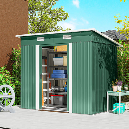 7 x 4ft Outdoor Storage Shed with Foundation Kit, Lean to Metal Garden Shed for Log, Rubbish Bin, Tool, Bike, Green