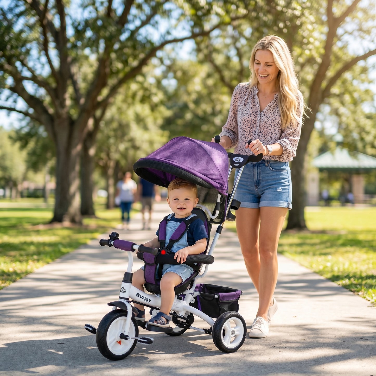 6 in 1 Kids Trike Push Bike w/ Push Handle, Canopy, 5-point Seat Belt, Storage, Footrest, Brake, for 1-5 Years, Purple