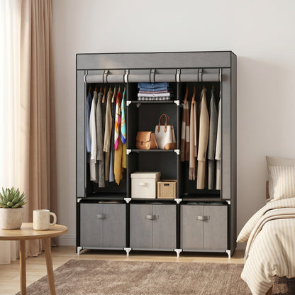 Foldable Fabric Wardrobe for Bedroom, Portable Wardrobe with 5 Shelves, 2 Hanging Rails and 3 Fabric Drawers, Dark Grey