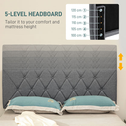Double Bed Frame with 5-Level Adjustable Linen Upholstered Headboard 145W x 196D x 120Hcm, Grey