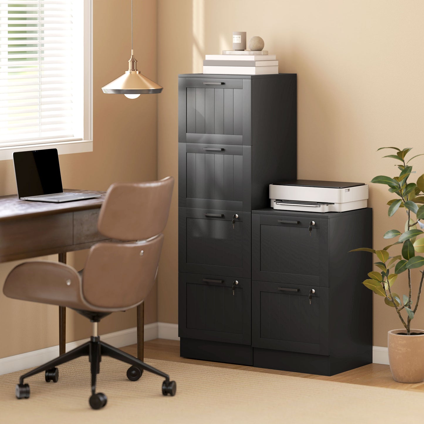 4 Drawer Filing Cabinet with Lock, Office Storage Cabinet with Adjustable Hanging Bars for A4 Letter Size Files, Black