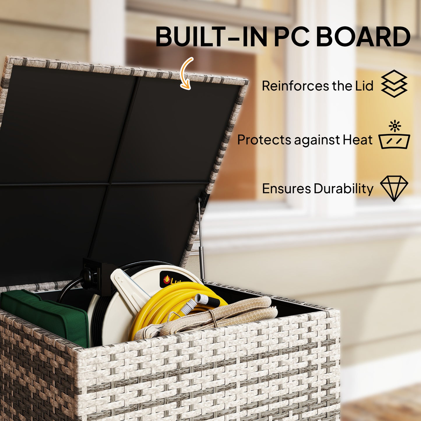 253L Garden Storage Box, Rattan Deck Box with Zipped Liner, Safe Pneumatic Rod, Patio Storage Container, Mixed Grey