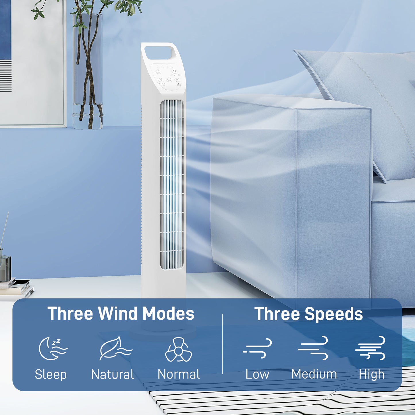 31" Oscillating Tower Fan with Remote Control, 4H Timer, 3 Speed 3 Modes