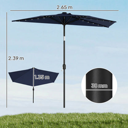 2.6 m Half Garden Parasol with Solar LED Lights, UPF50+ Semi Round Umbrella with 30° Tilt, Crank Handle, Dark Blue