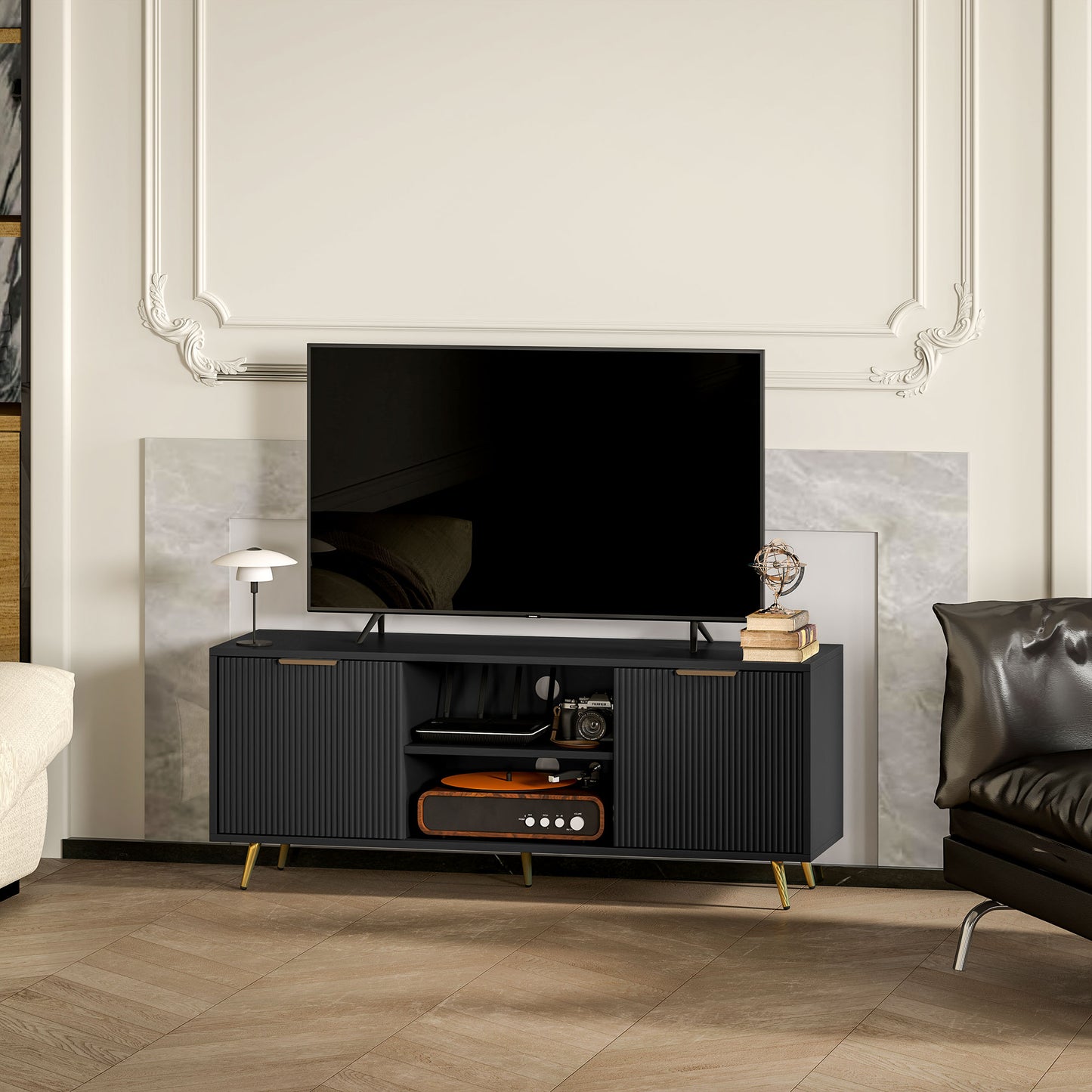 Modern TV Stand Cabinet for TVs up to 55", TV Unit with 2 Open Shelves and 2 Cabinets
