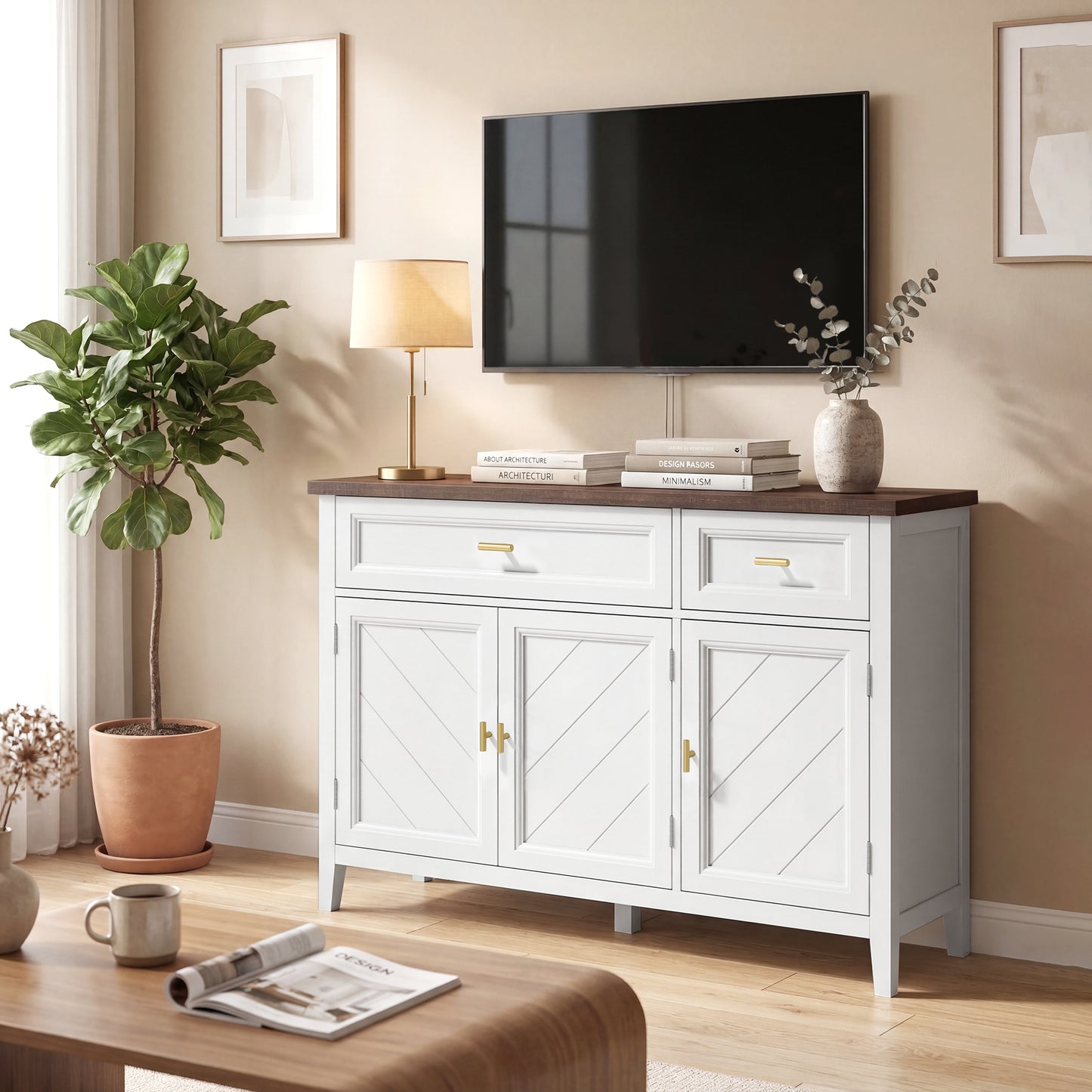 Modern Sideboard with 3 Doors, 2 Drawers and Adjustable Shelves, White