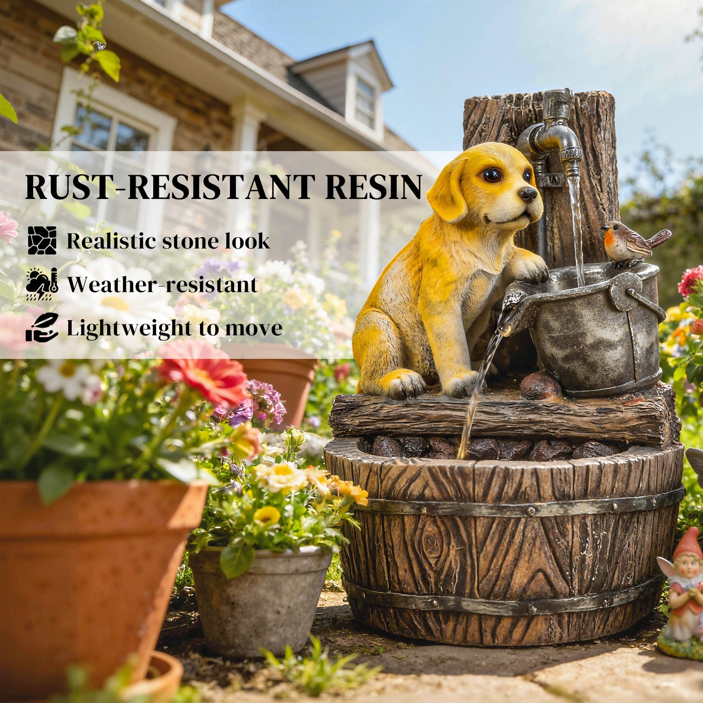 Garden Water Feature with 3-Tier Rustic Puppy Design, Freestanding Resin with LED Lights, Adjustable Flow, Rustic Brown