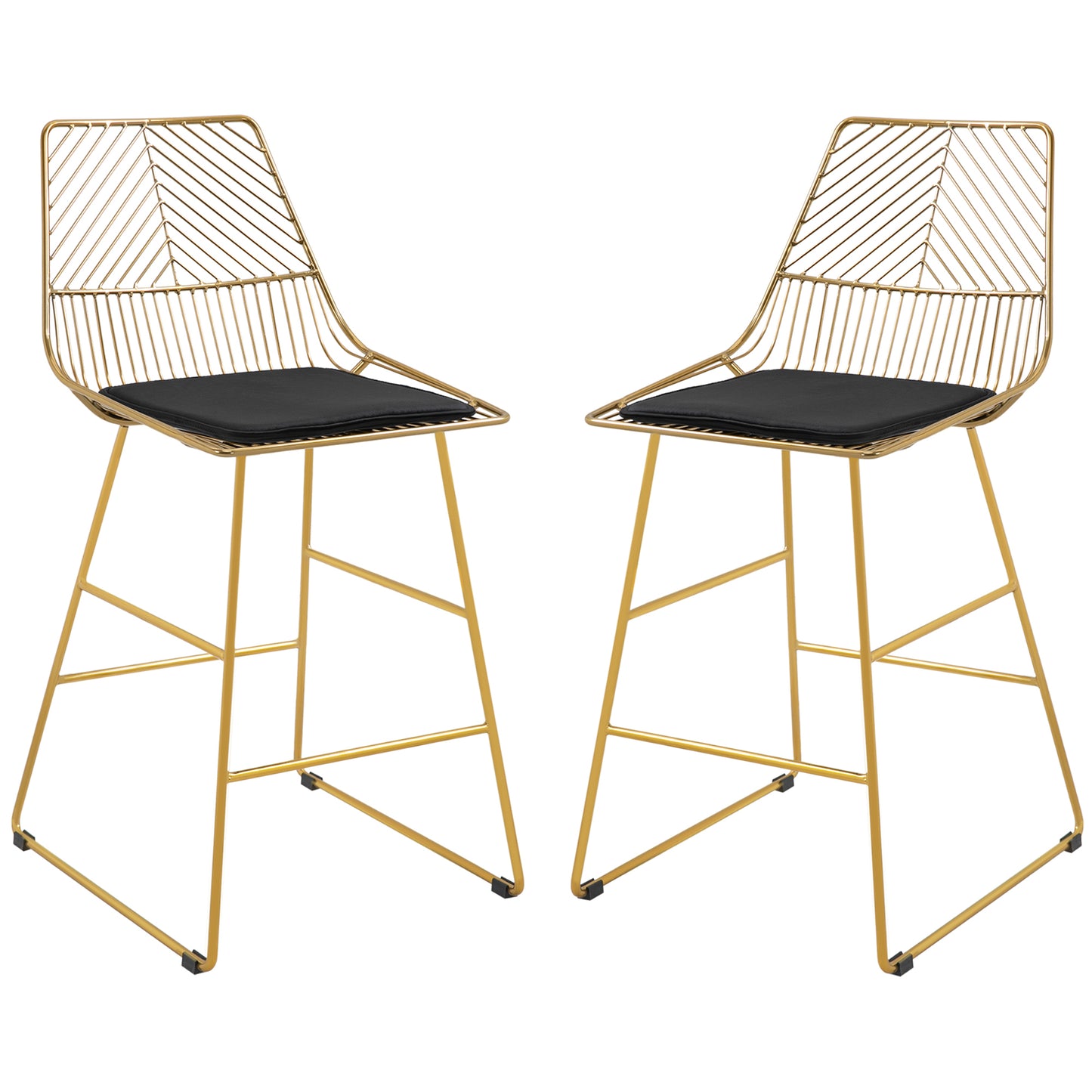 Set of 2 Bar Stools, Modern Counter Height Breakfast Bar Chairs with Wire Metal Frame for Kitchen, Dining Room, Gold