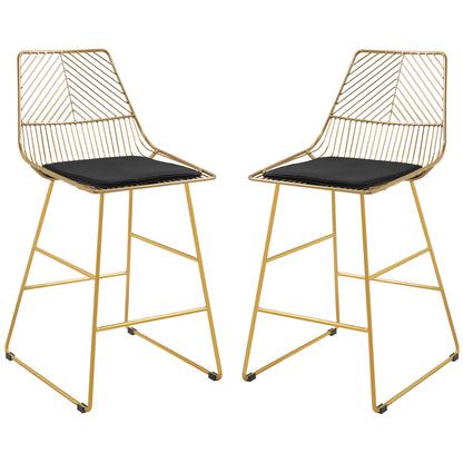 Set of 2 Bar Stools, Modern Counter Height Breakfast Bar Chairs with Wire Metal Frame for Kitchen, Dining Room, Gold