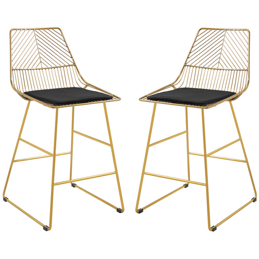 Set of 2 Bar Stools, Modern Counter Height Breakfast Bar Chairs with Wire Metal Frame for Kitchen, Dining Room, Gold