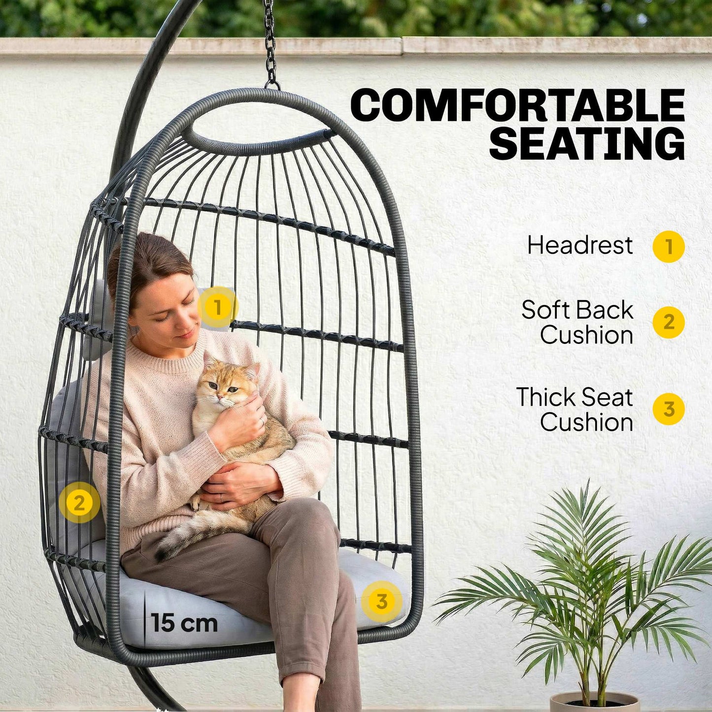 Hanging Egg Chair, Indoor Outdoor Hammock Swing Chair with Stand, Safety Strap, Foldable Basket, Dark/Light Grey