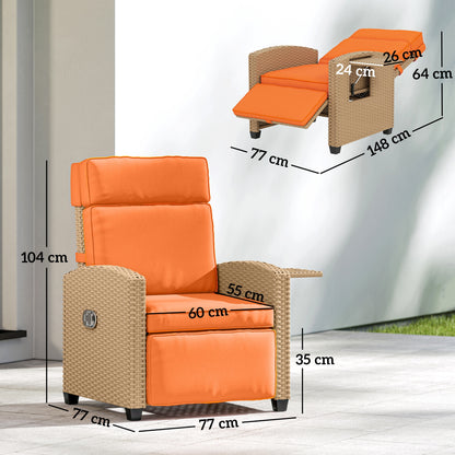145° Reclining Rattan Armchair, with Footrest - Khaki/Orange