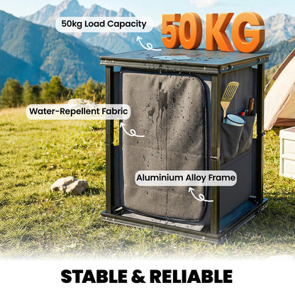Camping Camping Cupboards, Folding Portable Kitchen Table with 3-Tier Storage, Black