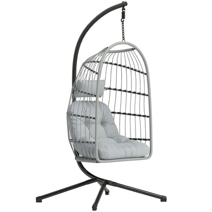 Hanging Egg Chair, Indoor Outdoor Hammock Swing Chair with Stand, Safety Strap, Foldable Basket, Light Grey