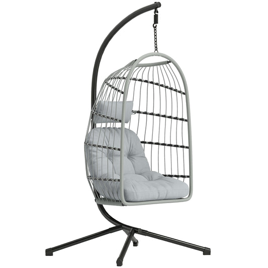Hanging Egg Chair, Indoor Outdoor Hammock Swing Chair with Stand, Safety Strap, Foldable Basket, Light Grey
