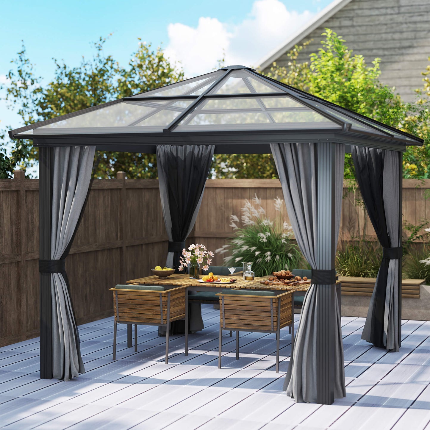 3 x 3(m) Hardtop Gazebo Canopy with Polycarbonate Roof, Aluminium Frame, Permanent Pavilion Garden Gazebo