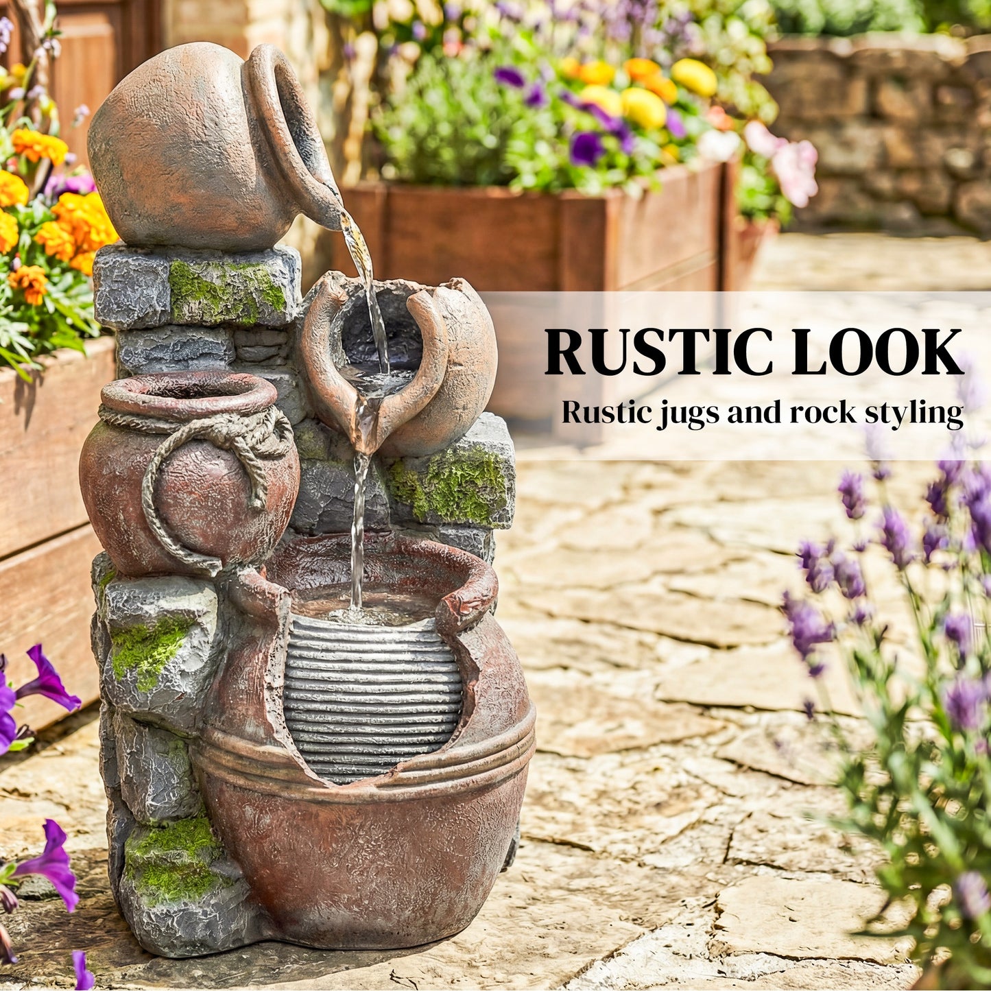 Outdoor Fountain with 4-Tier Rustic Pots & Planter, Garden Fountain with LED Lights, Rustic Brown