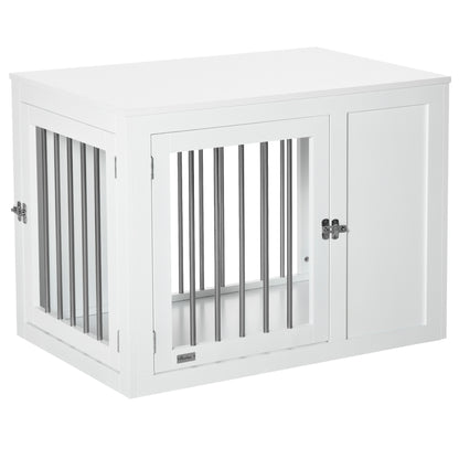 2-in-1 Dog Cage and Side Table, with Two Lockable Doors, for Medium Dogs - White