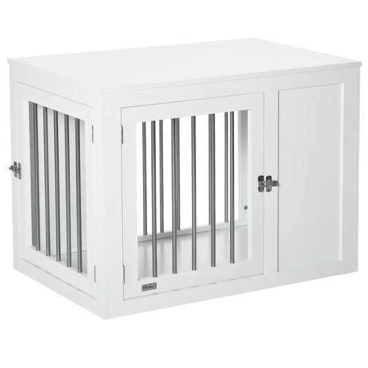 2-in-1 Dog Cage and Side Table, with Two Lockable Doors, for Medium Dogs - White