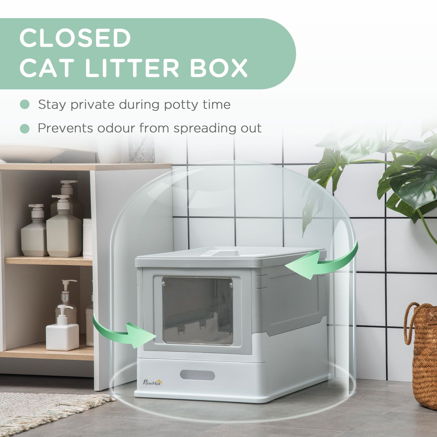 Hooded Cat Litter Box, Portable Pet Toilet, with Scoop, Front Entry - Grey