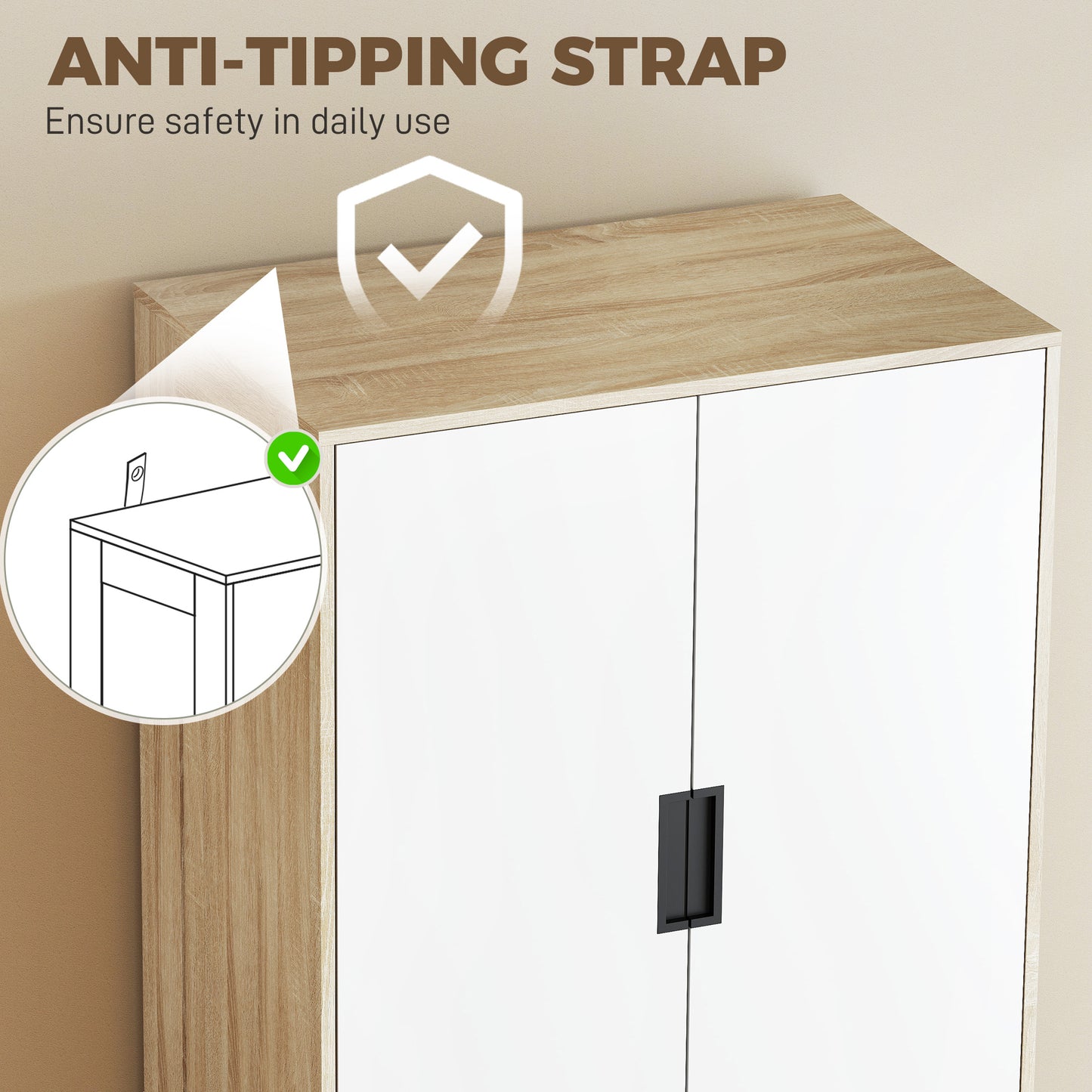 Modern Clothes Storage Cupboard Unit, 3 Drawer 2 Door Wardrobe with Hanging Rod, Oak