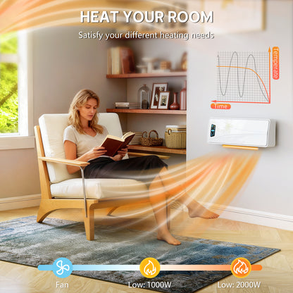 2000W Ceramic Electric Heater with Fan, Adjustable Thermostat, Wall Mounted - White