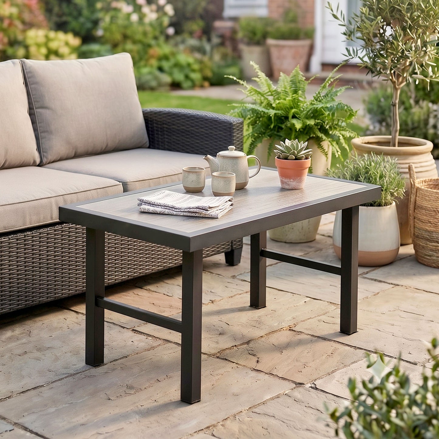 Metal Garden Coffee Table, Outdoor Side Table with SPC Woodgrain Tabletop for Outside, Garden, Balcony, Porch