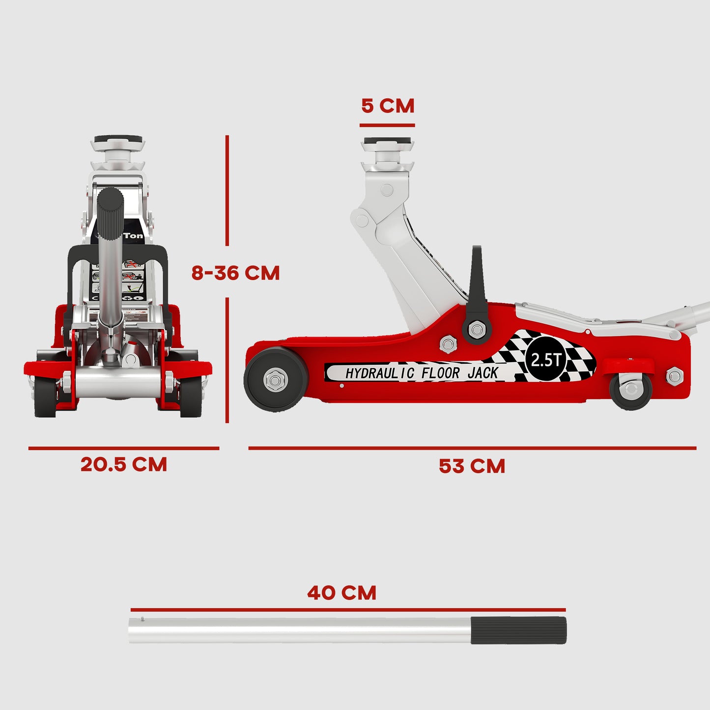 Hydraulic Low Profile Floor Jack, 2.5 Tonne Heavy Duty Steel Trolley Car Jack Lift with 80-360 mm Lifting Range, Wheels